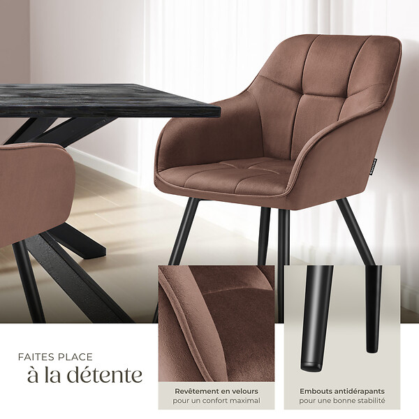 TECTAKE - Lot 4 chaises rembourrées en velours matelassé et dossier continu brun - large