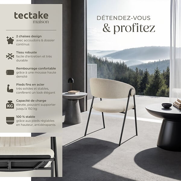 TECTAKE - Lot 2 Fauteuils rembourré ergonomique en tissu 150kg max grège - large