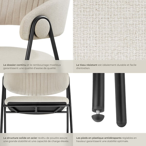 TECTAKE - Lot 2 Fauteuils rembourré ergonomique en tissu 150kg max grège - large