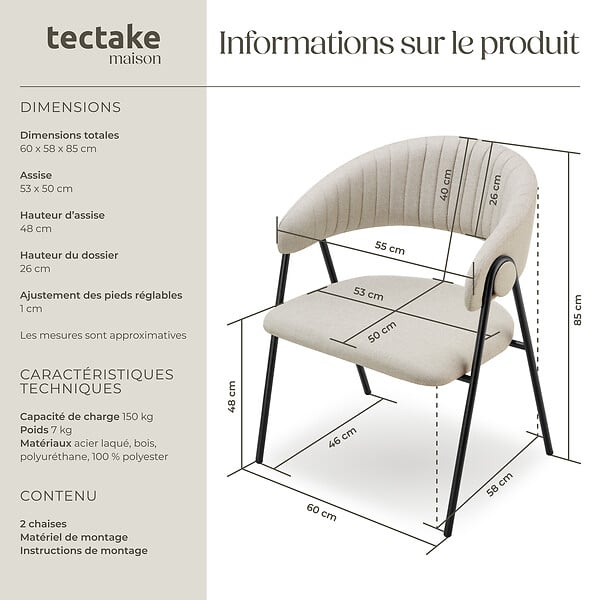 TECTAKE - Lot 2 Fauteuils rembourré ergonomique en tissu 150kg max grège - large