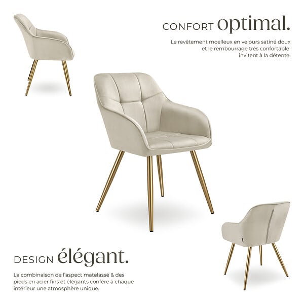 TECTAKE - Chaise de salle à manger avec aspect velours capitonné crème/doré - large