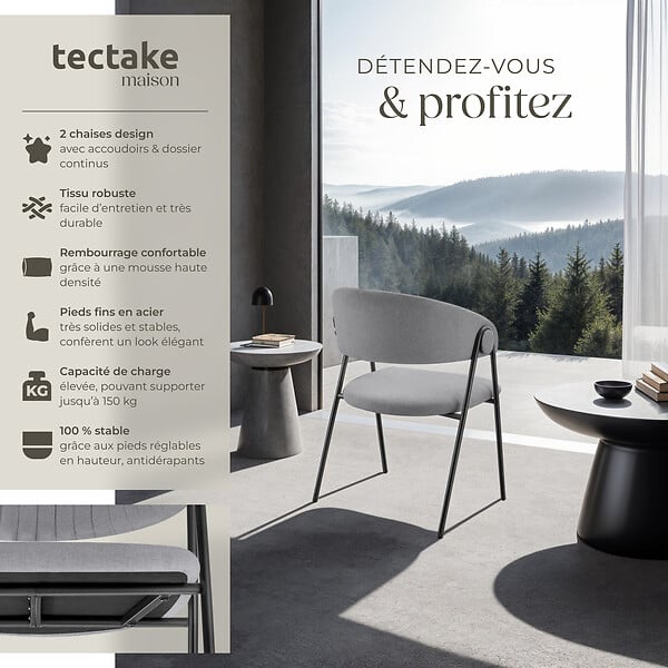 TECTAKE - Lot 2 Fauteuils rembourré ergonomique en tissu 150kg max gris - large