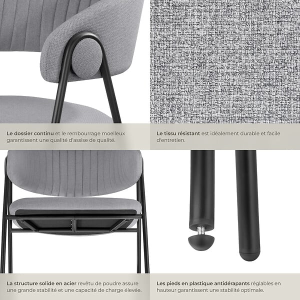 TECTAKE - Lot 2 Fauteuils rembourré ergonomique en tissu 150kg max gris - large