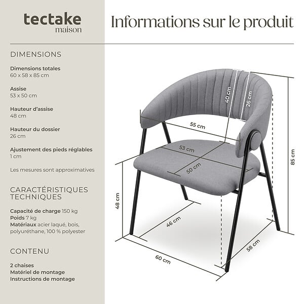 TECTAKE - Lot 2 Fauteuils rembourré ergonomique en tissu 150kg max gris - large
