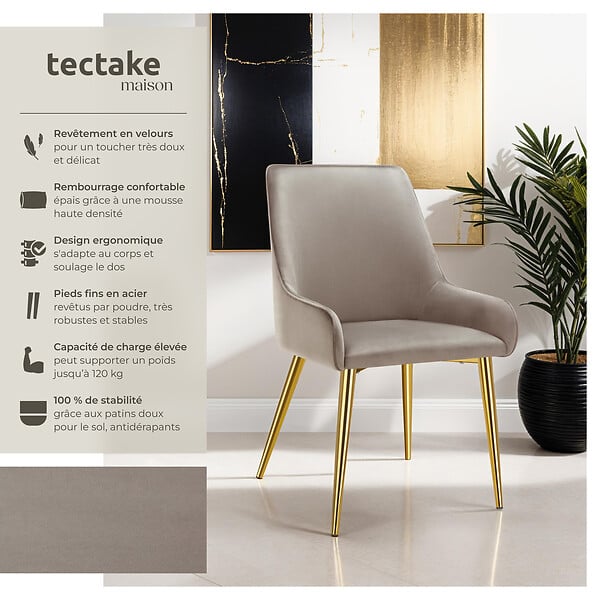 TECTAKE - Lot 2 chaises rembourrées aspect velours forme ergonomique taupe - large