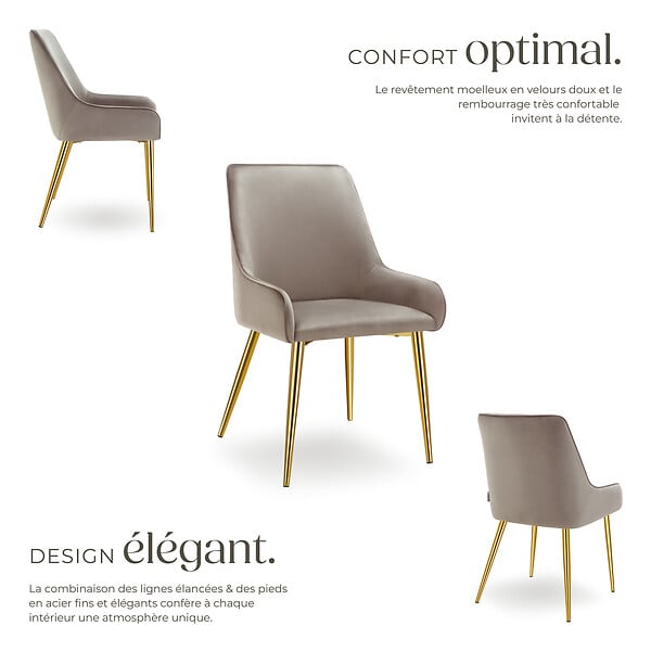 TECTAKE - Lot 2 chaises rembourrées aspect velours forme ergonomique taupe - large