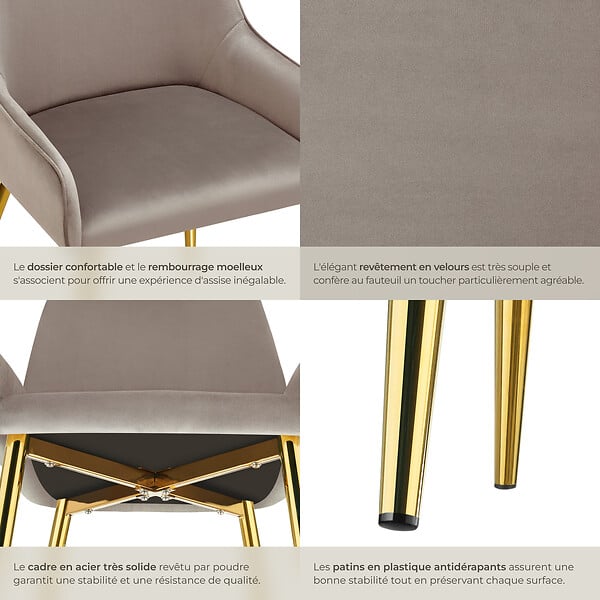 TECTAKE - Lot 2 chaises rembourrées aspect velours forme ergonomique taupe - large