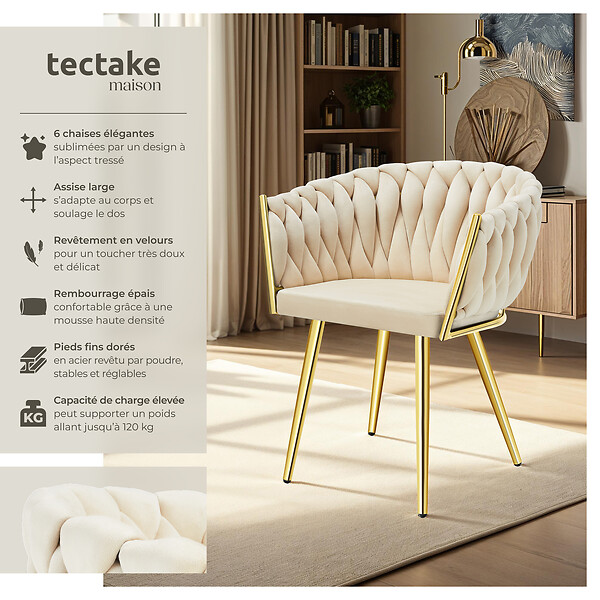 TECTAKE - Lot 6 chaises de salle à manger en velours design noué sable/or - large