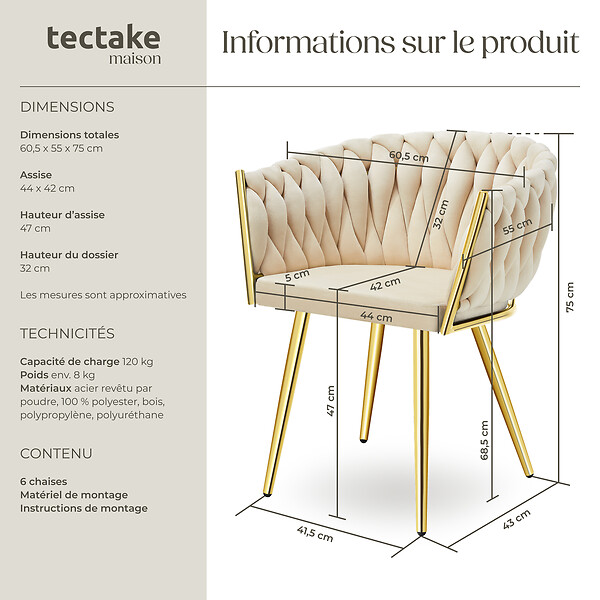 TECTAKE - Lot 6 chaises de salle à manger en velours design noué sable/or - large