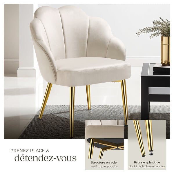 TECTAKE - Fauteuil cocktail rembourré avec revêtement en velours crème/or - large