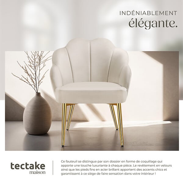 TECTAKE - Fauteuil cocktail rembourré avec revêtement en velours crème/or - large