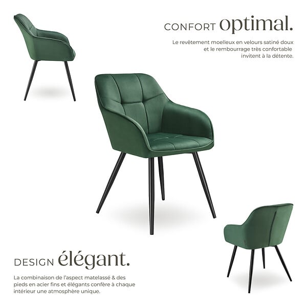 TECTAKE - Lot 2 chaises rembourrées en velours matelassé et dossier vert foncé - large