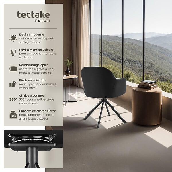TECTAKE - Lot de 4 chaises pivotantes à 360° en velours avec rembourrage noir - large