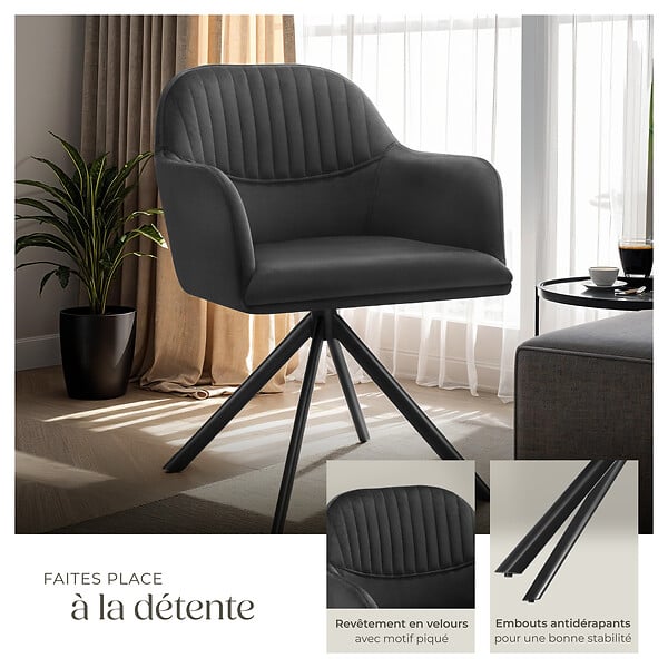 TECTAKE - Lot de 4 chaises pivotantes à 360° en velours avec rembourrage noir - large