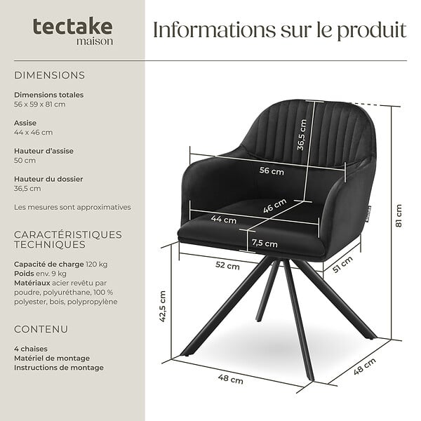 TECTAKE - Lot de 4 chaises pivotantes à 360° en velours avec rembourrage noir - large