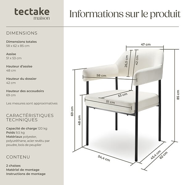 TECTAKE - Lot 2 fauteuils rembourrés pieds en acier dossier continu noir/blanc - large
