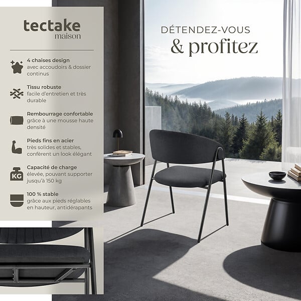 TECTAKE - Lot 4 Fauteuils rembourré ergonomique en tissu 150kg max noir - large