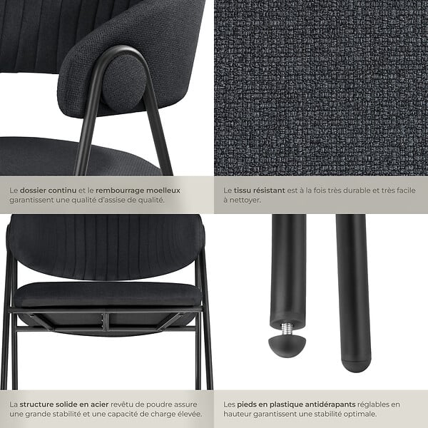 TECTAKE - Lot 4 Fauteuils rembourré ergonomique en tissu 150kg max noir - large