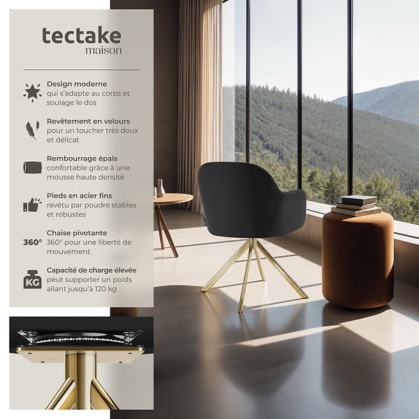 TECTAKE - Chaise pivotante à 360° en velours avec rembourrage noir/or - large