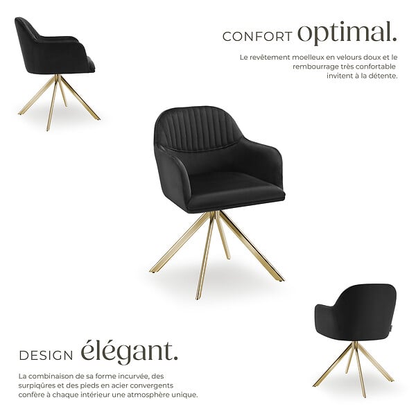 TECTAKE - Chaise pivotante à 360° en velours avec rembourrage noir/or - large