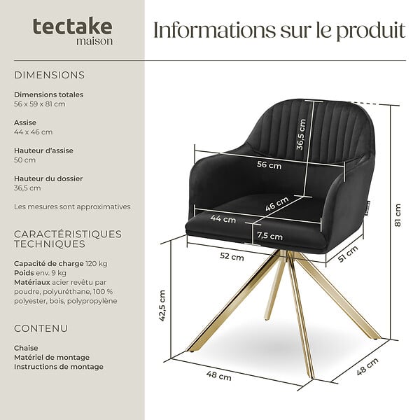TECTAKE - Chaise pivotante à 360° en velours avec rembourrage noir/or - large