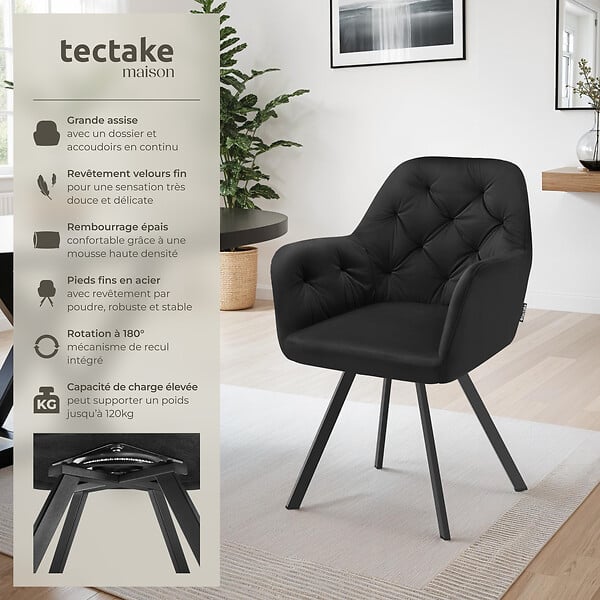 TECTAKE - Fauteuil pivotant 180° en velours rembourré motif matelassé noir - large