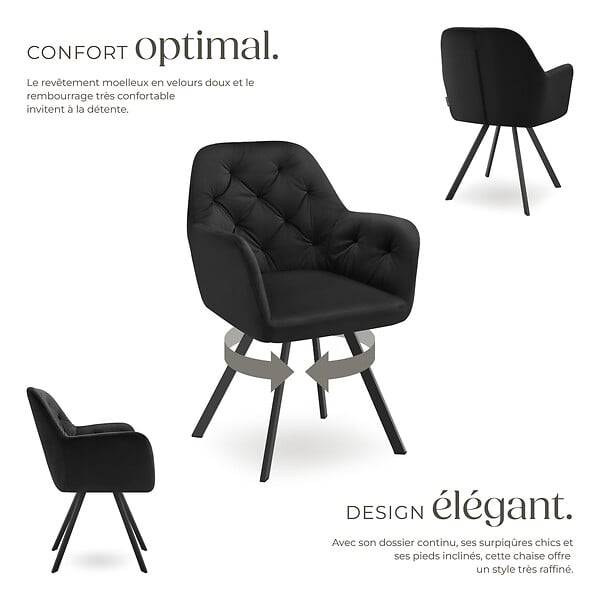 TECTAKE - Fauteuil pivotant 180° en velours rembourré motif matelassé noir - large