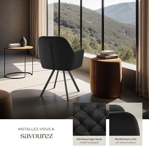 TECTAKE - Fauteuil pivotant 180° en velours rembourré motif matelassé noir - large