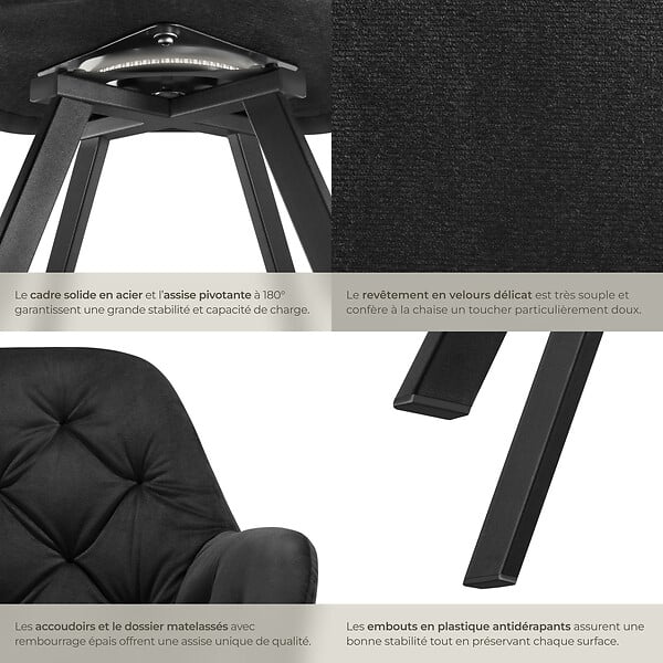 TECTAKE - Fauteuil pivotant 180° en velours rembourré motif matelassé noir - large