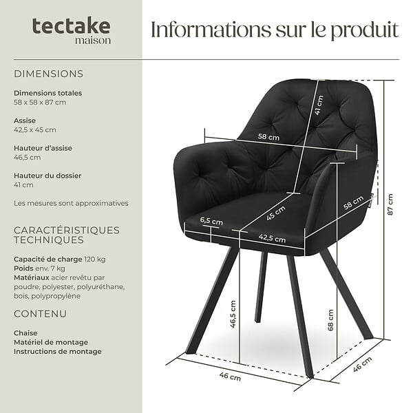 TECTAKE - Fauteuil pivotant 180° en velours rembourré motif matelassé noir - large
