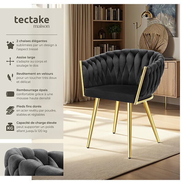 TECTAKE - Lot 2 chaises de salle à manger en velours design noué noir/or - large