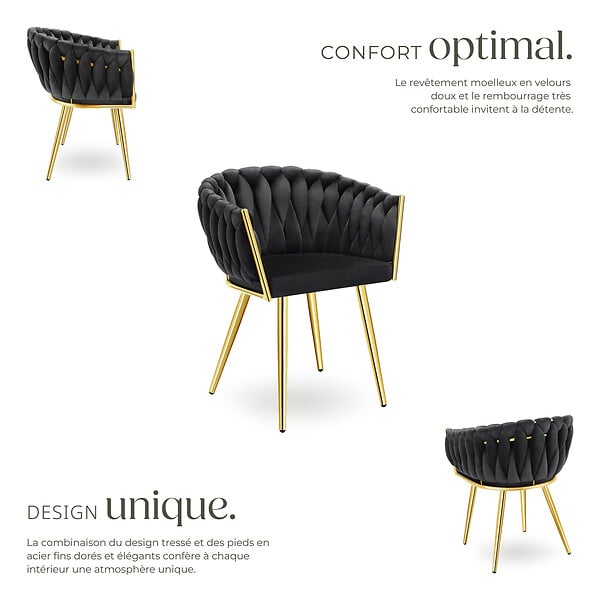 TECTAKE - Lot 2 chaises de salle à manger en velours design noué noir/or - large