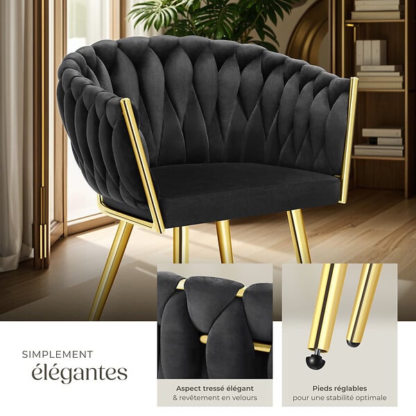 TECTAKE - Lot 2 chaises de salle à manger en velours design noué noir/or - large