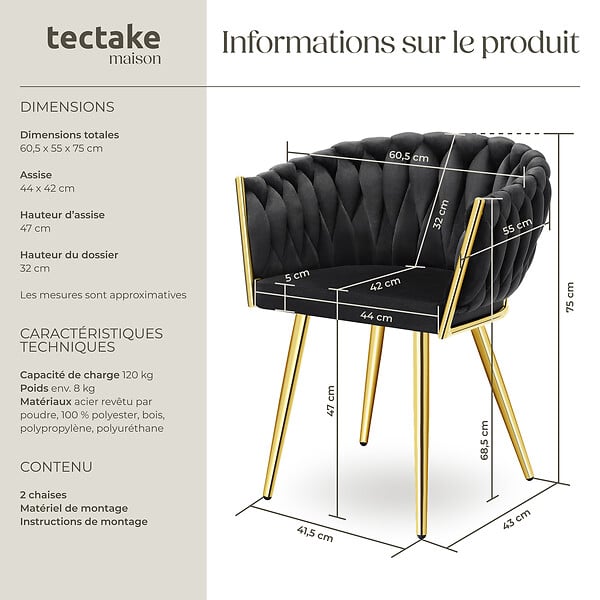 TECTAKE - Lot 2 chaises de salle à manger en velours design noué noir/or - large