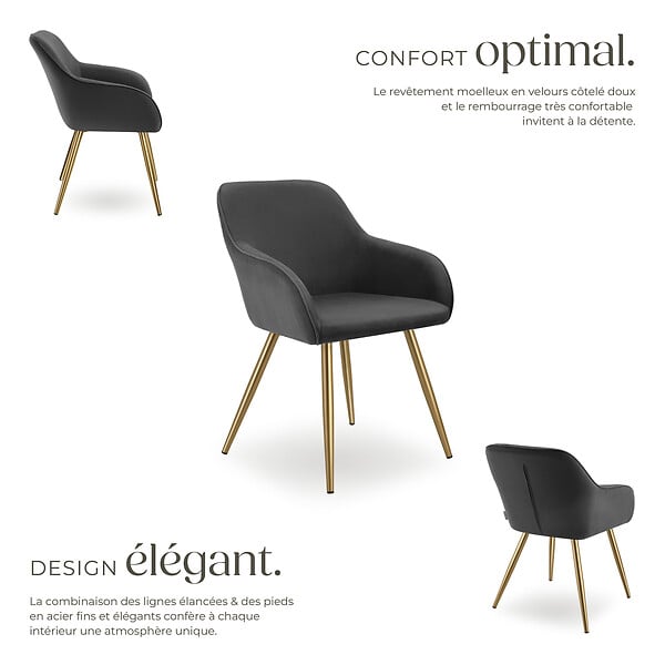 TECTAKE - Lot 6 chaises élégantes aspect corde anthracite/doré - large