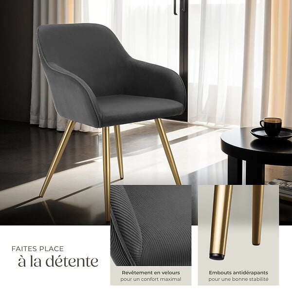 TECTAKE - Lot 6 chaises élégantes aspect corde anthracite/doré - large