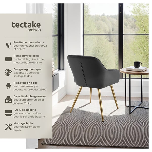 TECTAKE - Lot 4 chaises élégantes aspect corde anthracite/doré - large