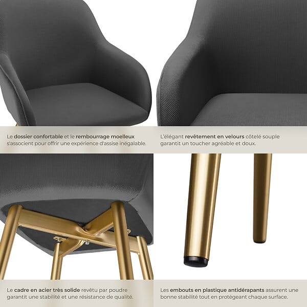 TECTAKE - Lot 4 chaises élégantes aspect corde anthracite/doré - large