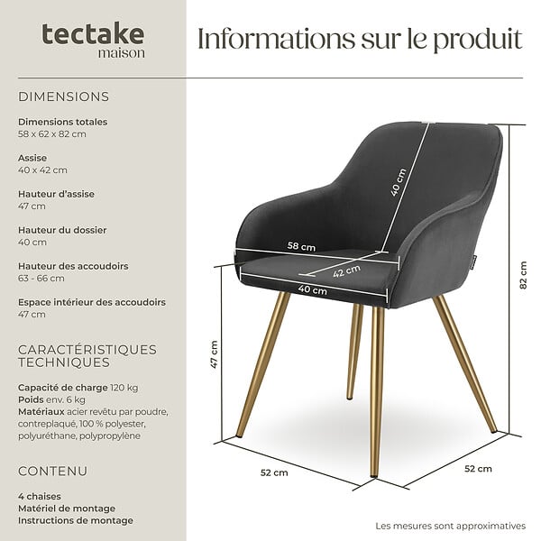 TECTAKE - Lot 4 chaises élégantes aspect corde anthracite/doré - large