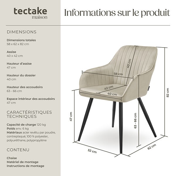 TECTAKE - Chaise de salle à manger en velours matelassée capitonnée crème - large