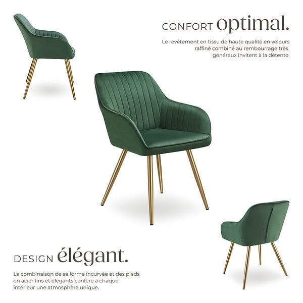 TECTAKE - Lot 4 chaises de salle à manger aspect velours matelassé vert/or - large