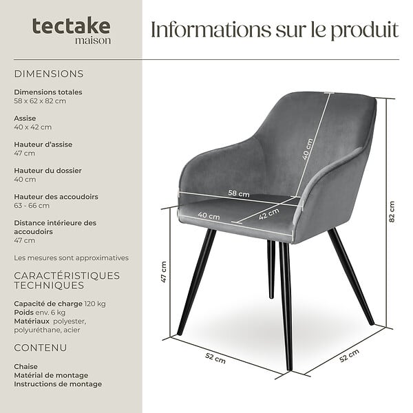 TECTAKE - Chaise rembourrée aspect velours style scandinave gris/noir - large