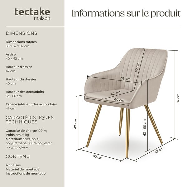 TECTAKE - Lot 4 chaises de salle à manger aspect velours matelassé taupe/or - large