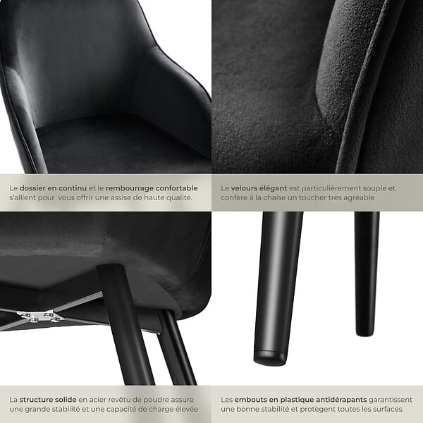 TECTAKE - Ensemble de 2 chaises cuir synthétique rembourrées aspect velours noir - large