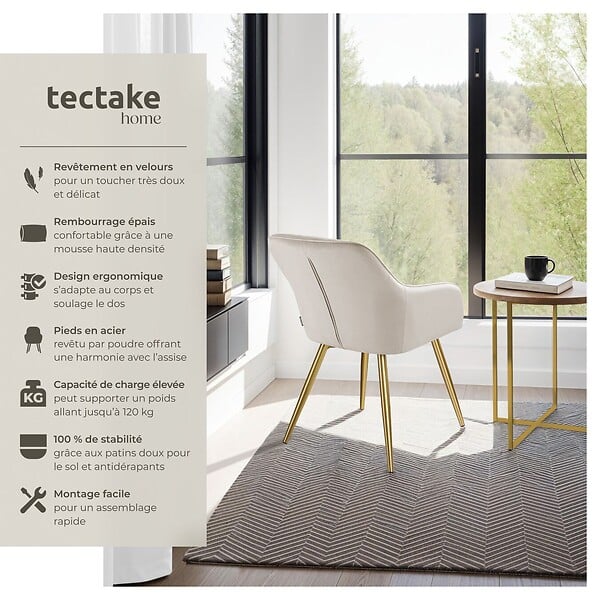 TECTAKE - Chaise rembourrée aspect velours style scandinave taupe/or - large