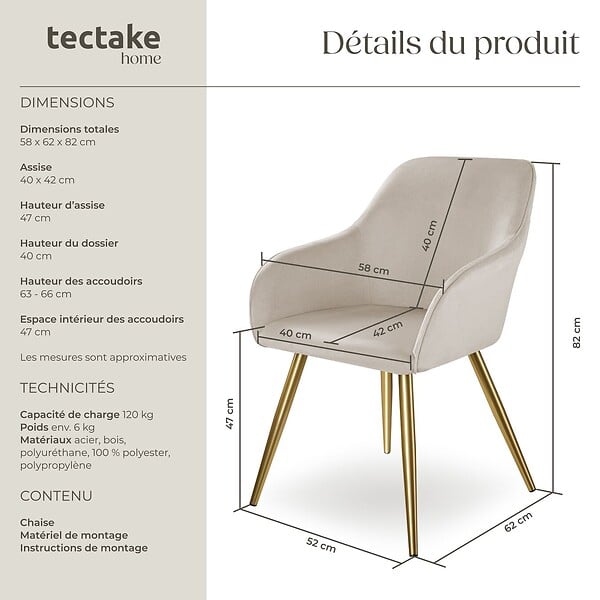 TECTAKE - Chaise rembourrée aspect velours style scandinave taupe/or - large