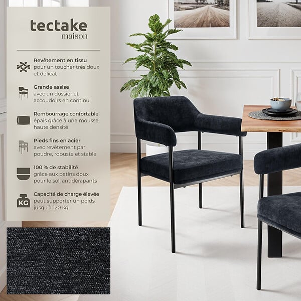 TECTAKE - Lot 2 fauteuils rembourrés avec pieds en acier et dossier continu noir - large