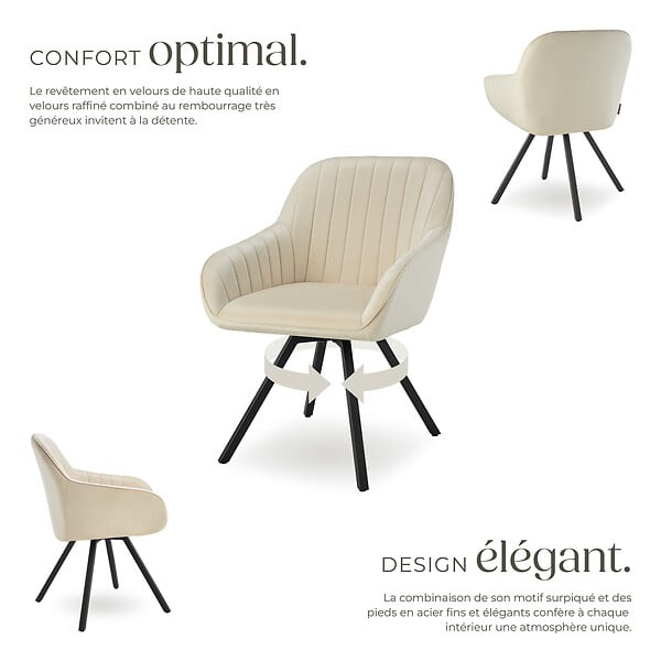 TECTAKE - Lot 6 chaises pivotantes à 360° avec accoudoirs velours crèmes - large