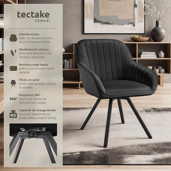TECTAKE - Chaise pivotante à 360° avec accoudoirs en velours rembourrée noir - large