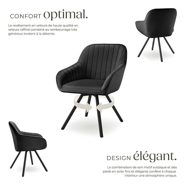TECTAKE - Chaise pivotante à 360° avec accoudoirs en velours rembourrée noir - large